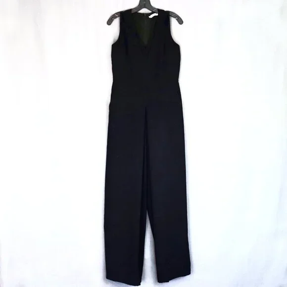 Vince 10 Black Double-V Neck Sleeveless Wide Leg Culotte Jumpsuit with Pockets - Picture 5 of 16